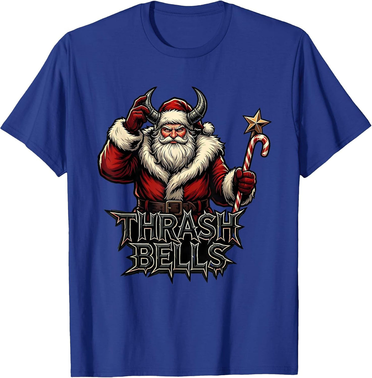 Men's Thrash Bells Heavy Metal Santa Parody Rocker Holiday T-Shirt - Royal Blue