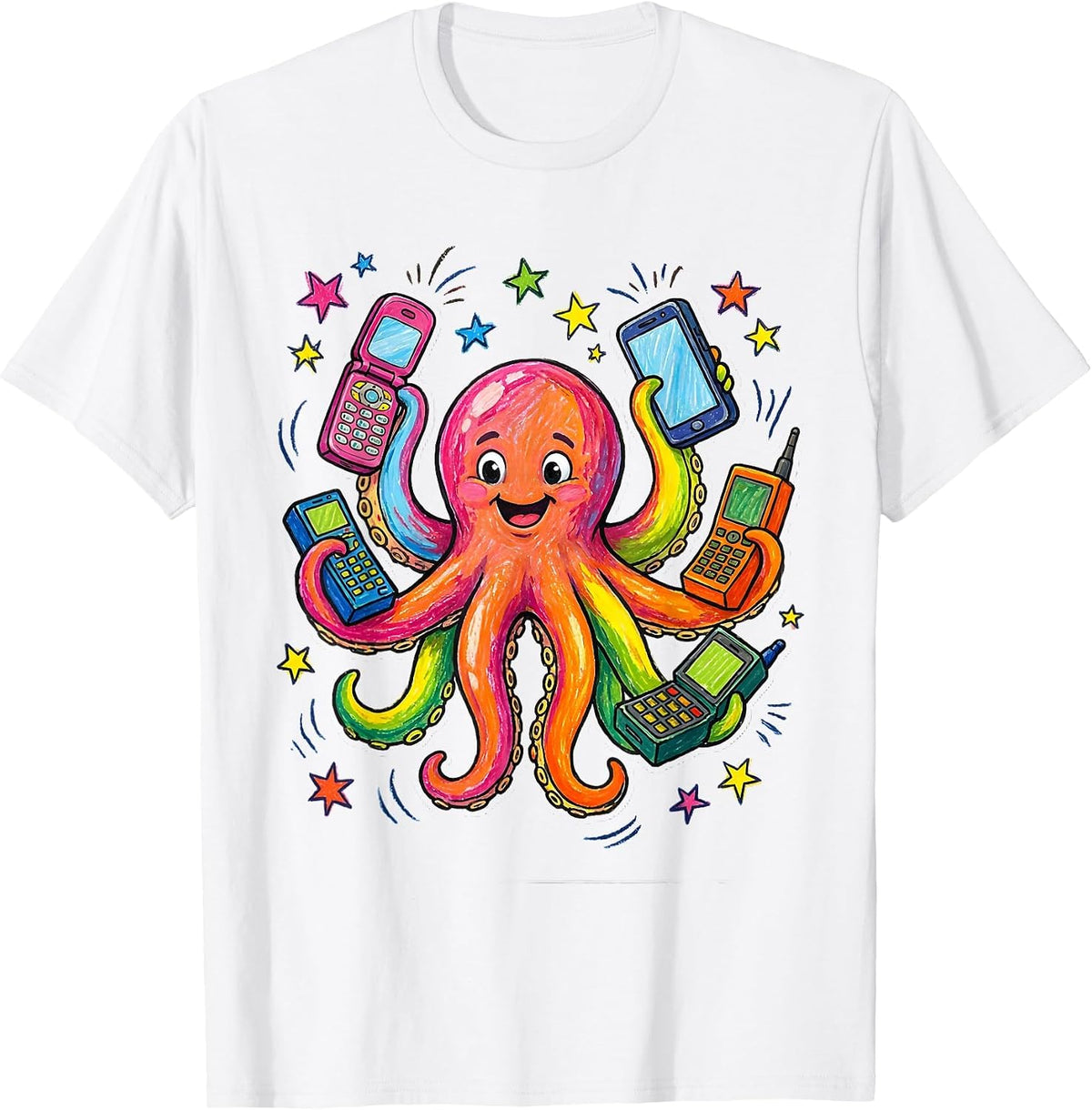 Men's Octopus Multitasking With Eight Phones Funny Art T-Shirt - White