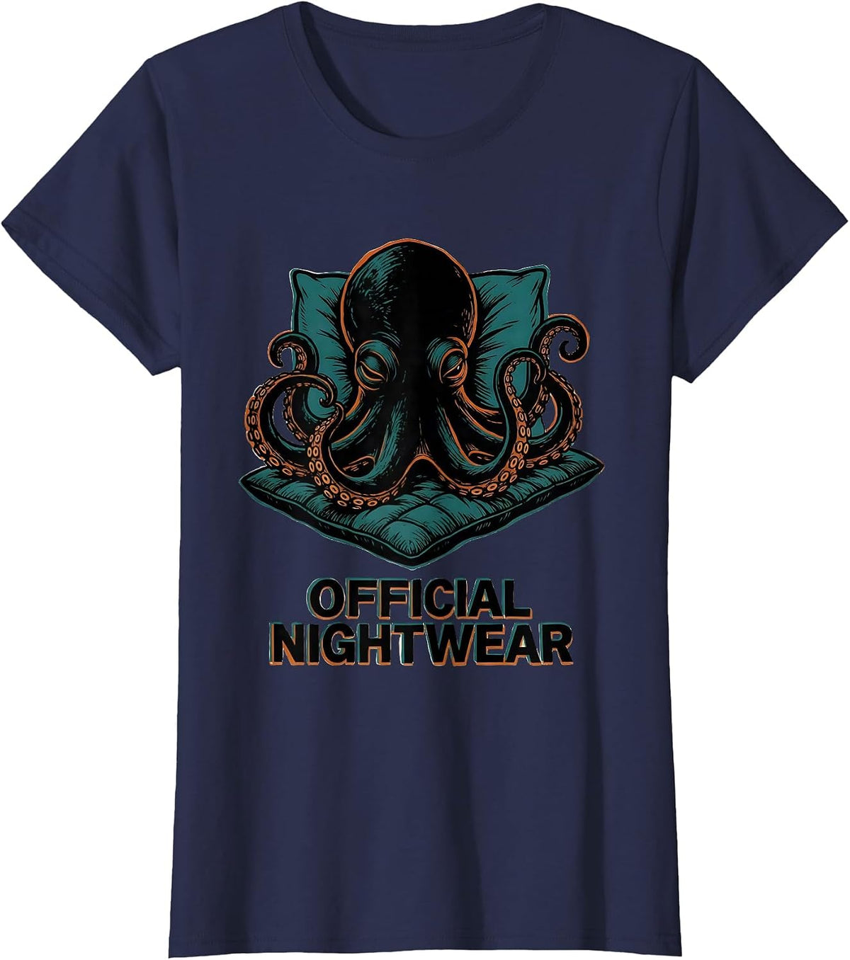 Women's Official Nightwear Sleeping Octopus Animal Humor Pajama T-Shirt - Navy Blue