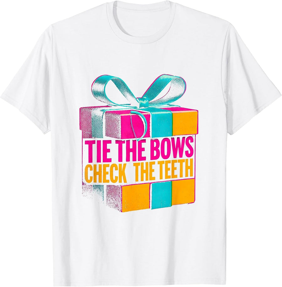 Men's Tie The Bows Check The Teeth Risograph Funny Dentist T-Shirt - White