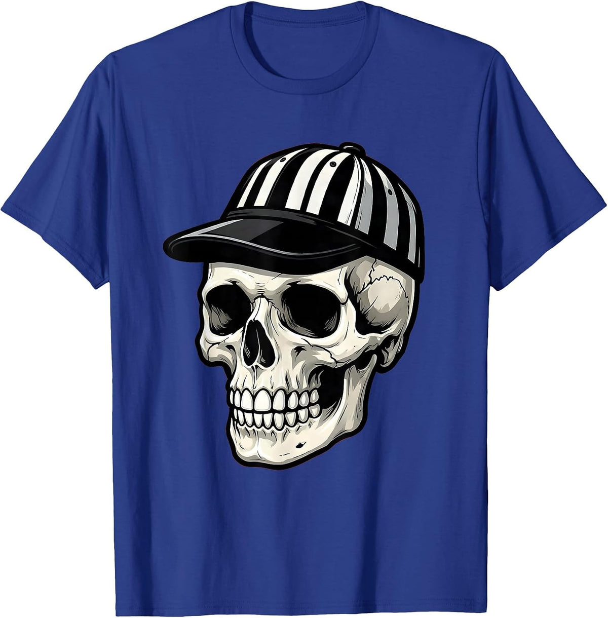 Skull in Black and White Striped Cap Graphic T-Shirt - Royal Blue