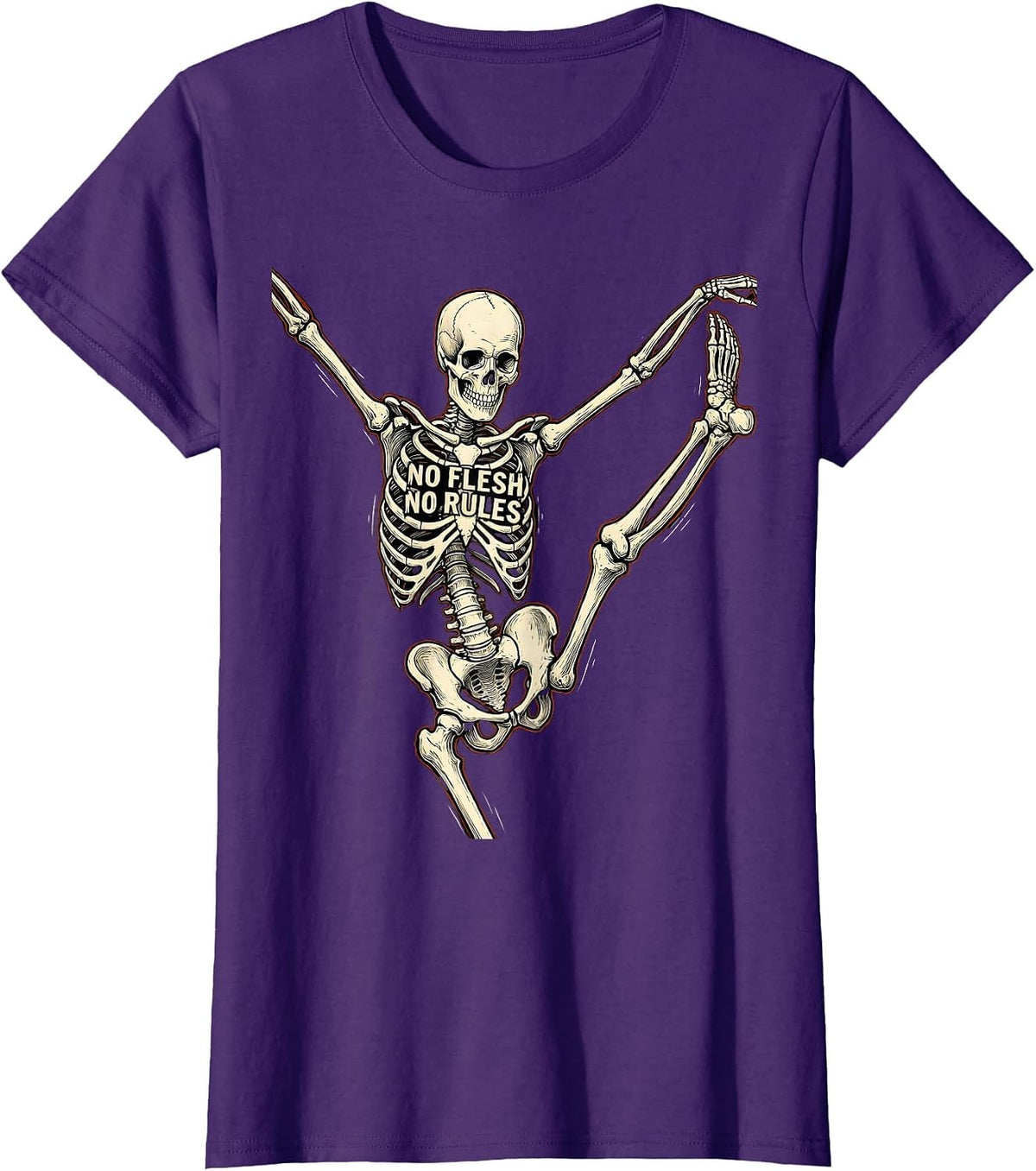 Women's Dancing Skeleton No Flesh No Rules Graphic Design T-Shirt - Purple