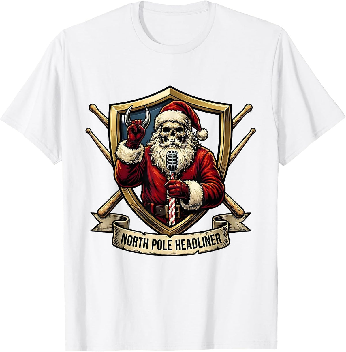 Men's North Pole Headliner Heavy Metal Santa Rock On Christmas T-Shirt - White