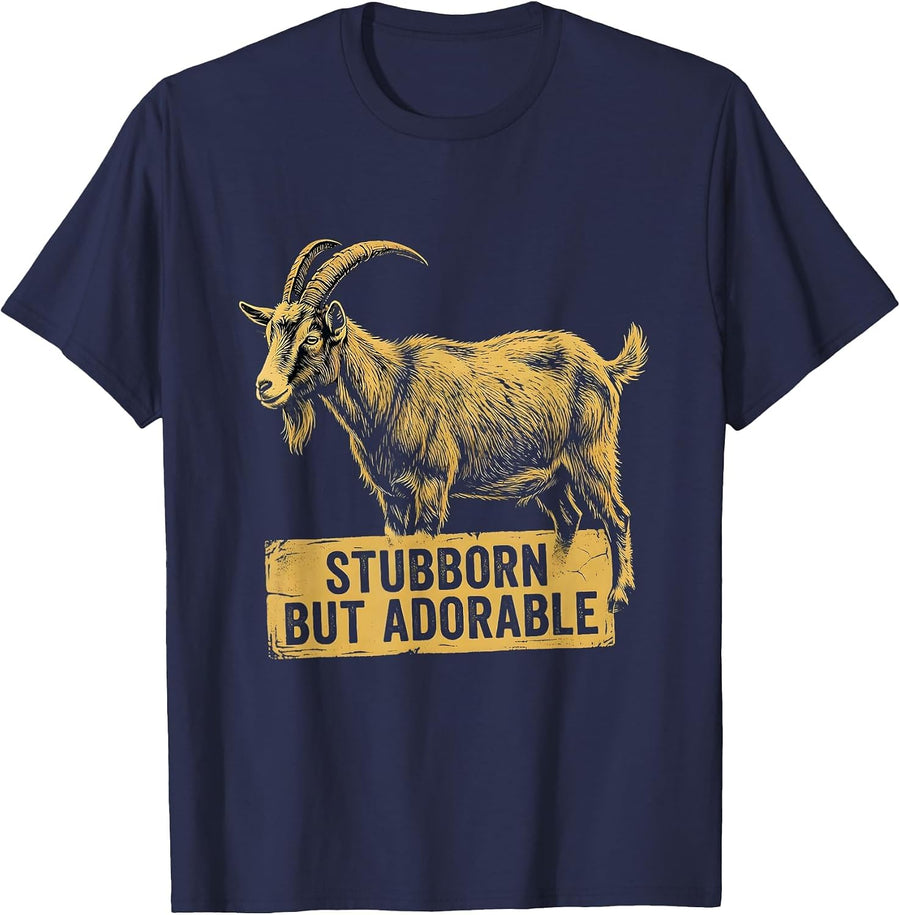 Stubborn But Adorable Funny Goat Design T-Shirt - Navy Blue