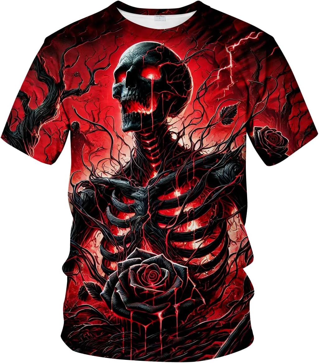 Novelty Men's Gothic Skull T-Shirt Dark Fantasy Graphic Tee Shirt - Red