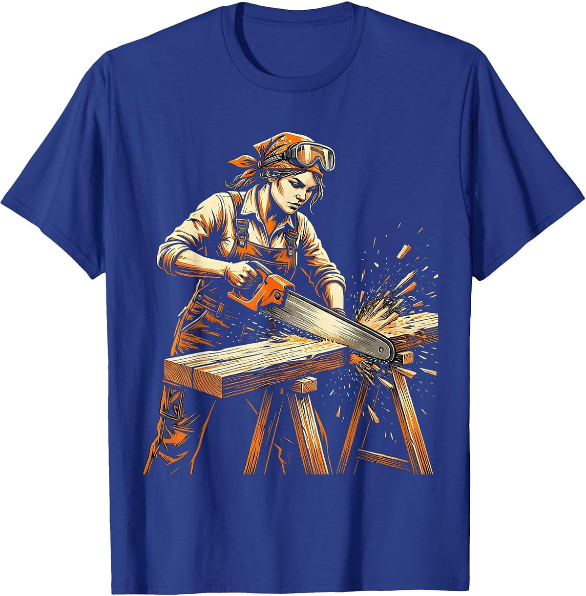 Labor Day Woman Carpenter Sawing Wood Illustration T-Shirt - Royal Blue