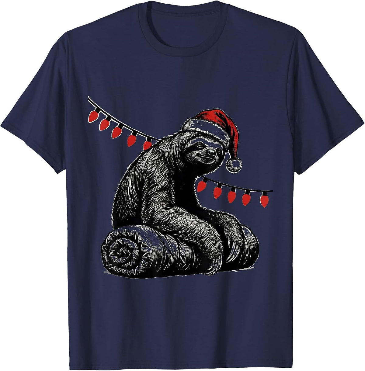 Men's Sloth Sleeping Bag Santa Hat Funny Christmas Lights T-Shirt - Navy Blue