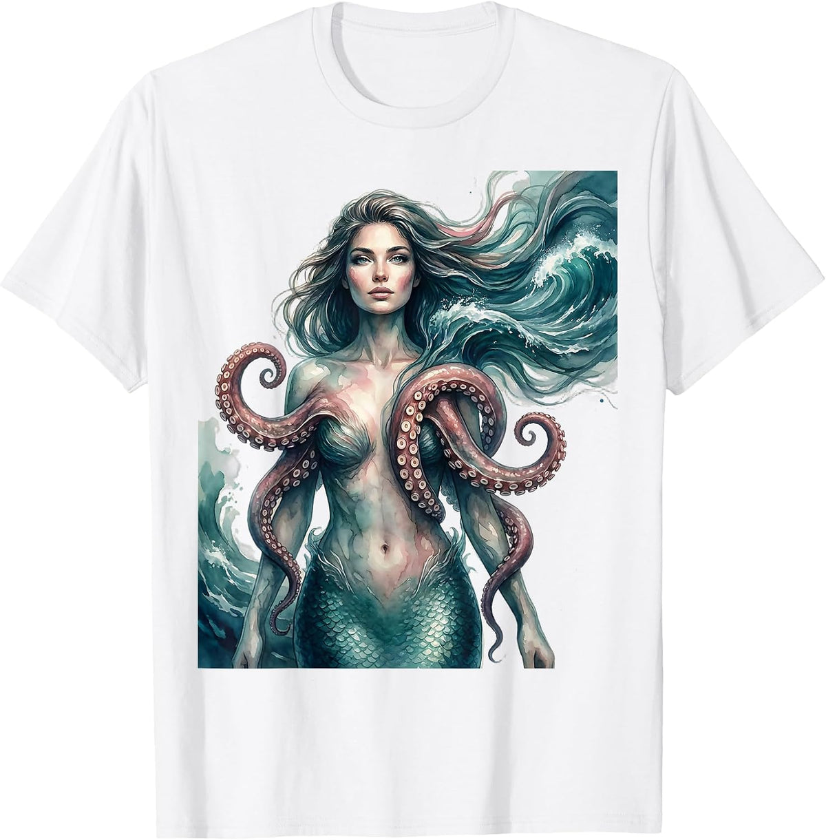 Mermaid and Octopus Ocean Fantasy Illustration T-Shirt - White