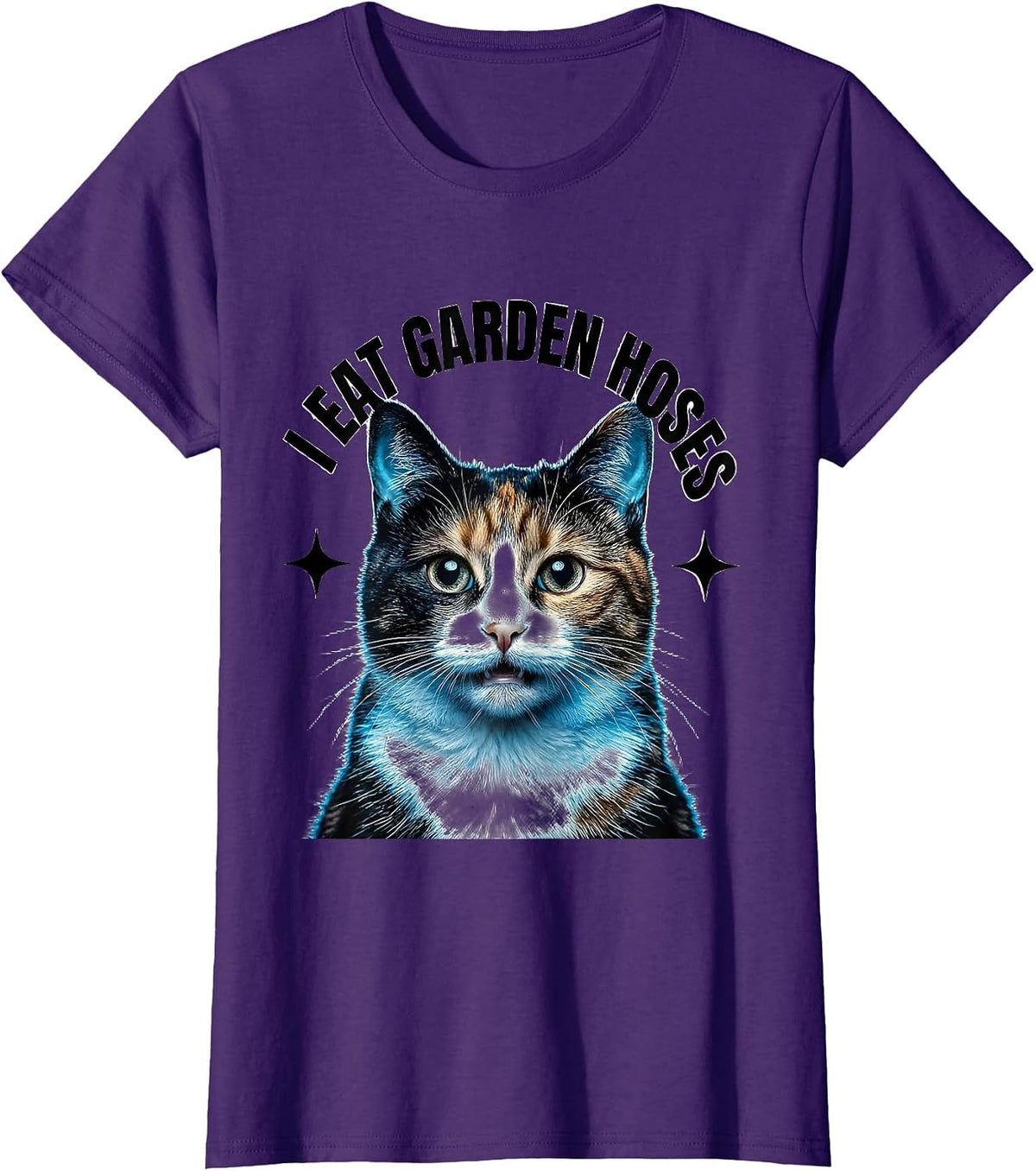 Women's I Eat Garden Hoses Funny Cat Meme Bootleg Graphic T-Shirt - Purple