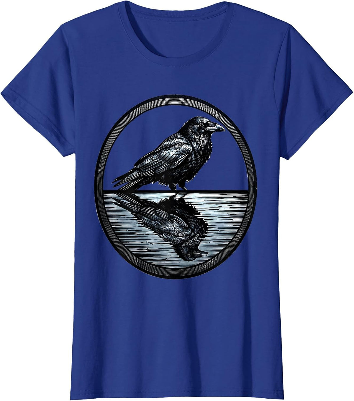 Women's Crow Reflection Dark Water Nature Illustration T-Shirt - Royal Blue