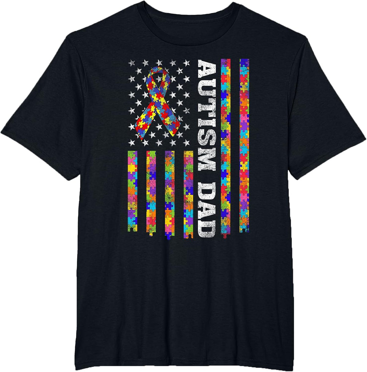 Proud Autism Dad Puzzle Piece Ribbon US American Flag T-Shirt - Black