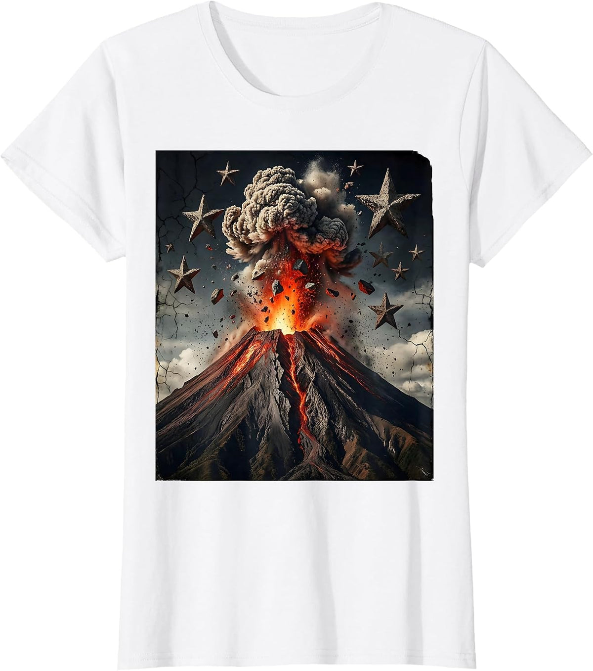 Red Volcano Erupting Under Starlit Sky Design T-Shirt - White