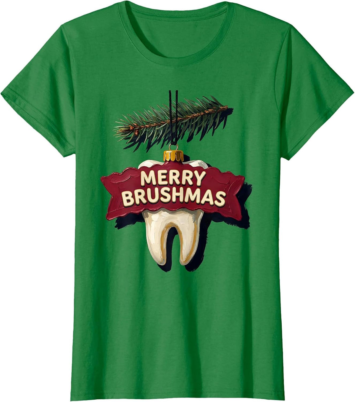 Women's Merry Brushmas Funny Dental Christmas Dentist Hygienist Gift T-Shirt - Kelly Green