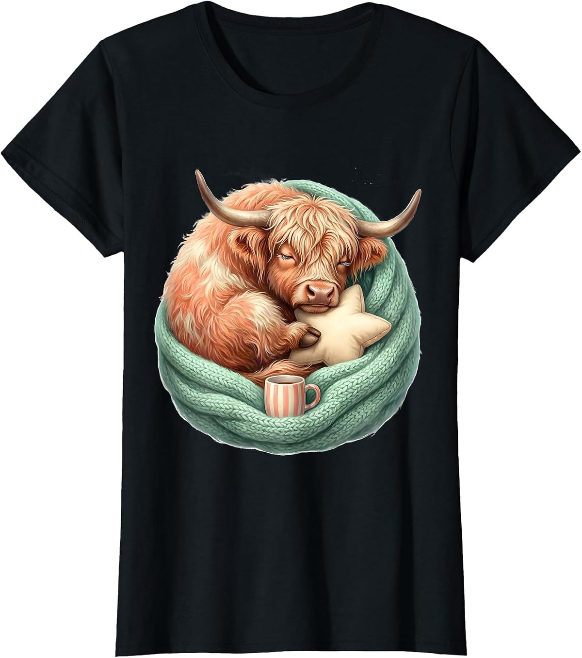 Sleepy Highland Cow Kawaii Holiday Pajama Gift T-Shirt - Black