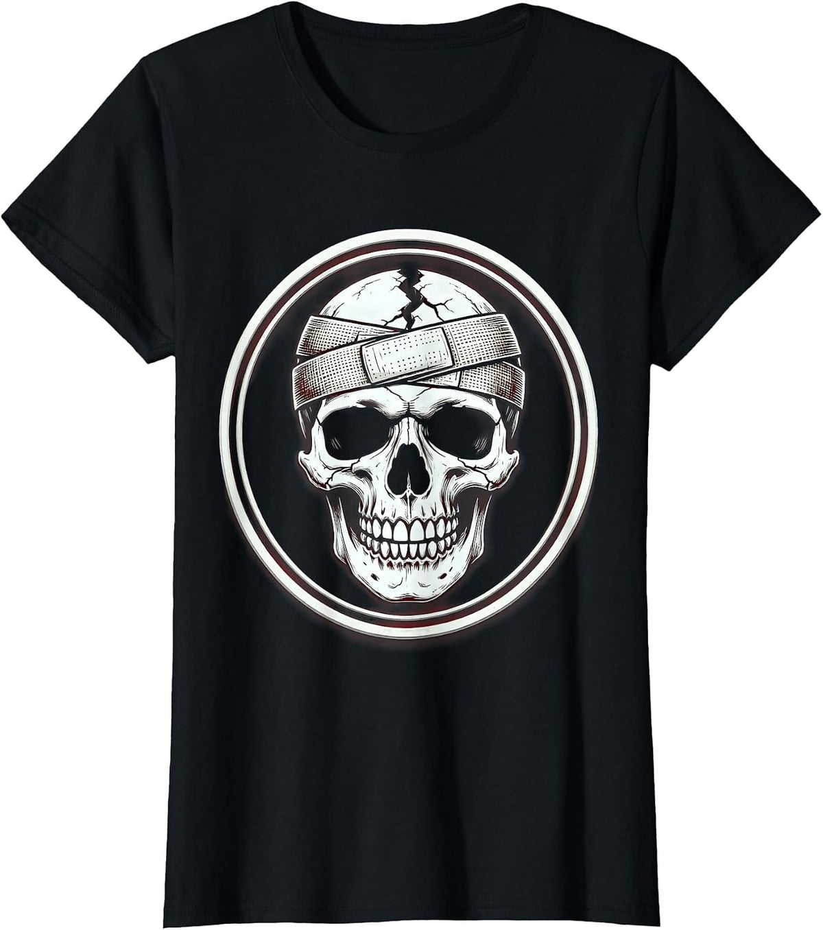 Cracked Skull Bandage Smile Graphic Design T-Shirt - Black