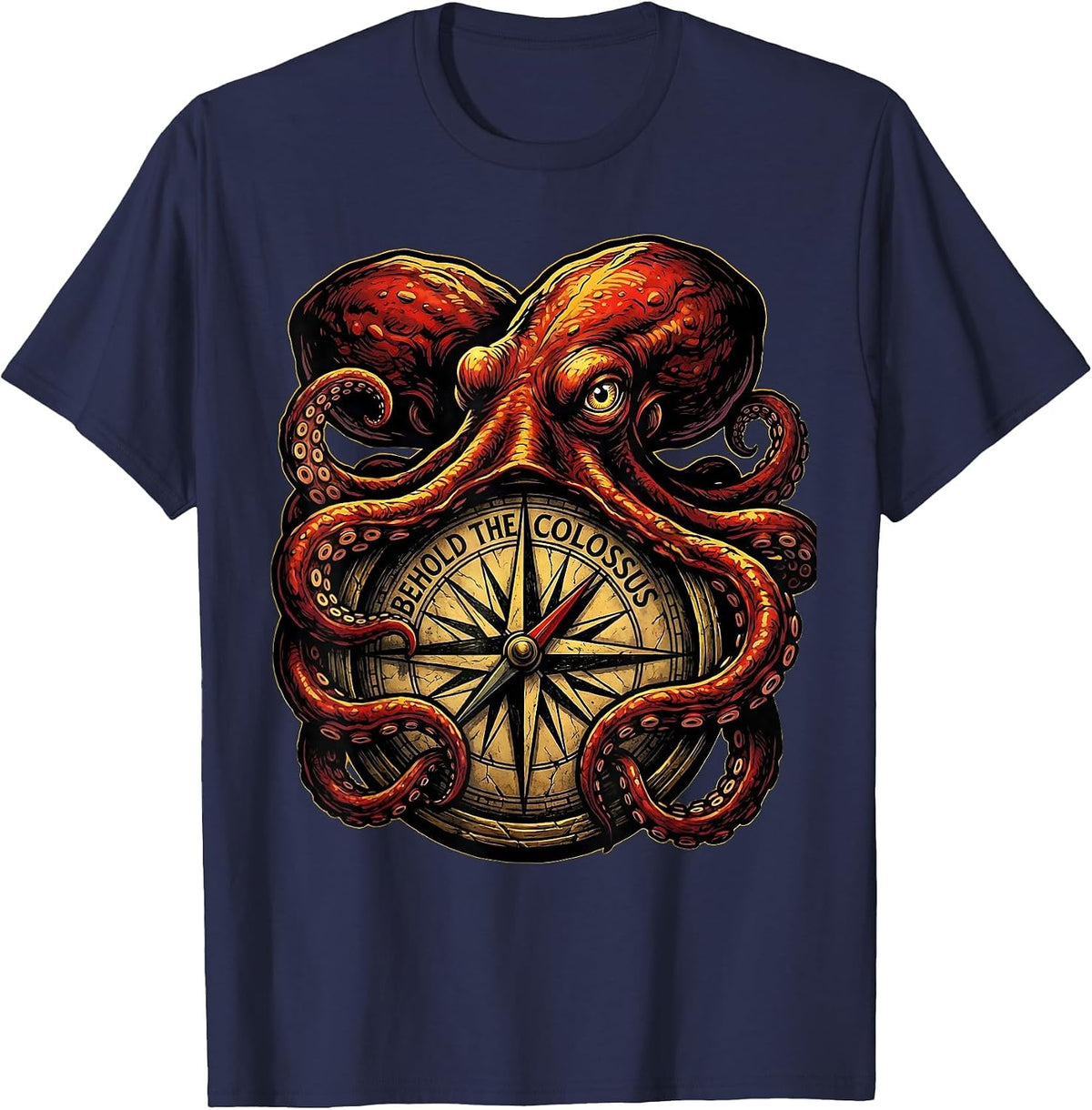 Behold The Colossus Tattoo Octopus Lover Ocean Sea Creature T-Shirt - Navy Blue