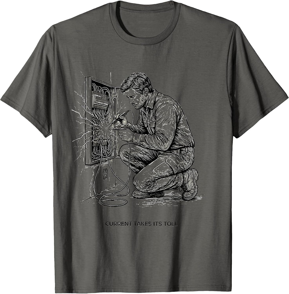 Men's Current Takes Its Toll Funny Electrician Lineman Trade Humor T-Shirt - Asphalt Grey