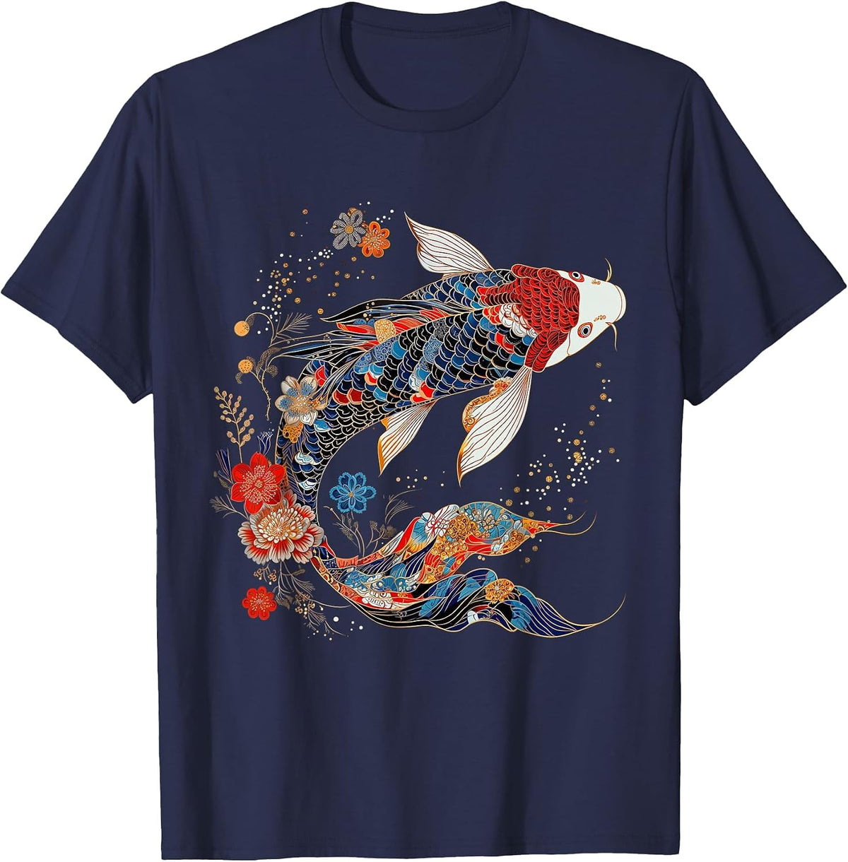 Koi Fish Vintage Flower Pattern Japanese Art Floral Koi Carp T-Shirt - Navy Blue