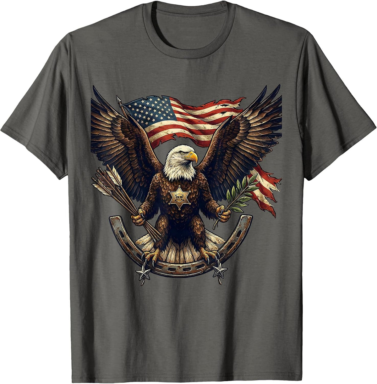Bald Eagle Arrows and Olive Branch USA Graphic T-Shirt - Asphalt Grey