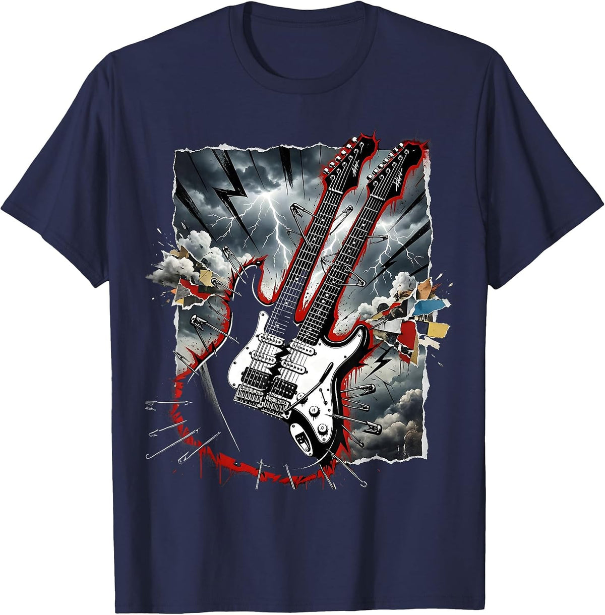 Double-Neck Guitar Stormy Sky Classic Rock Design T-Shirt - Navy Blue