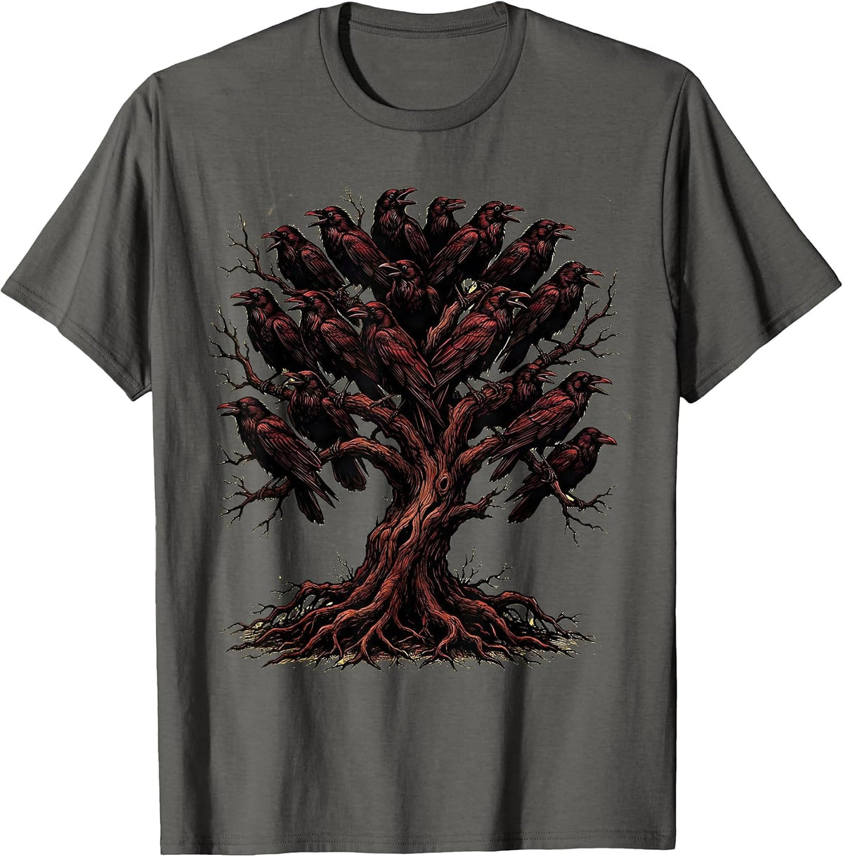 Men's Dead Tree Roosting Crows Dark Nature Illustration T-Shirt - Asphalt Grey