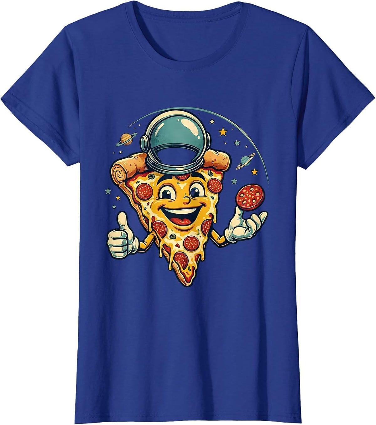 Women's Astronaut Floating With Pizza in Outer Space T-Shirt - Royal Blue