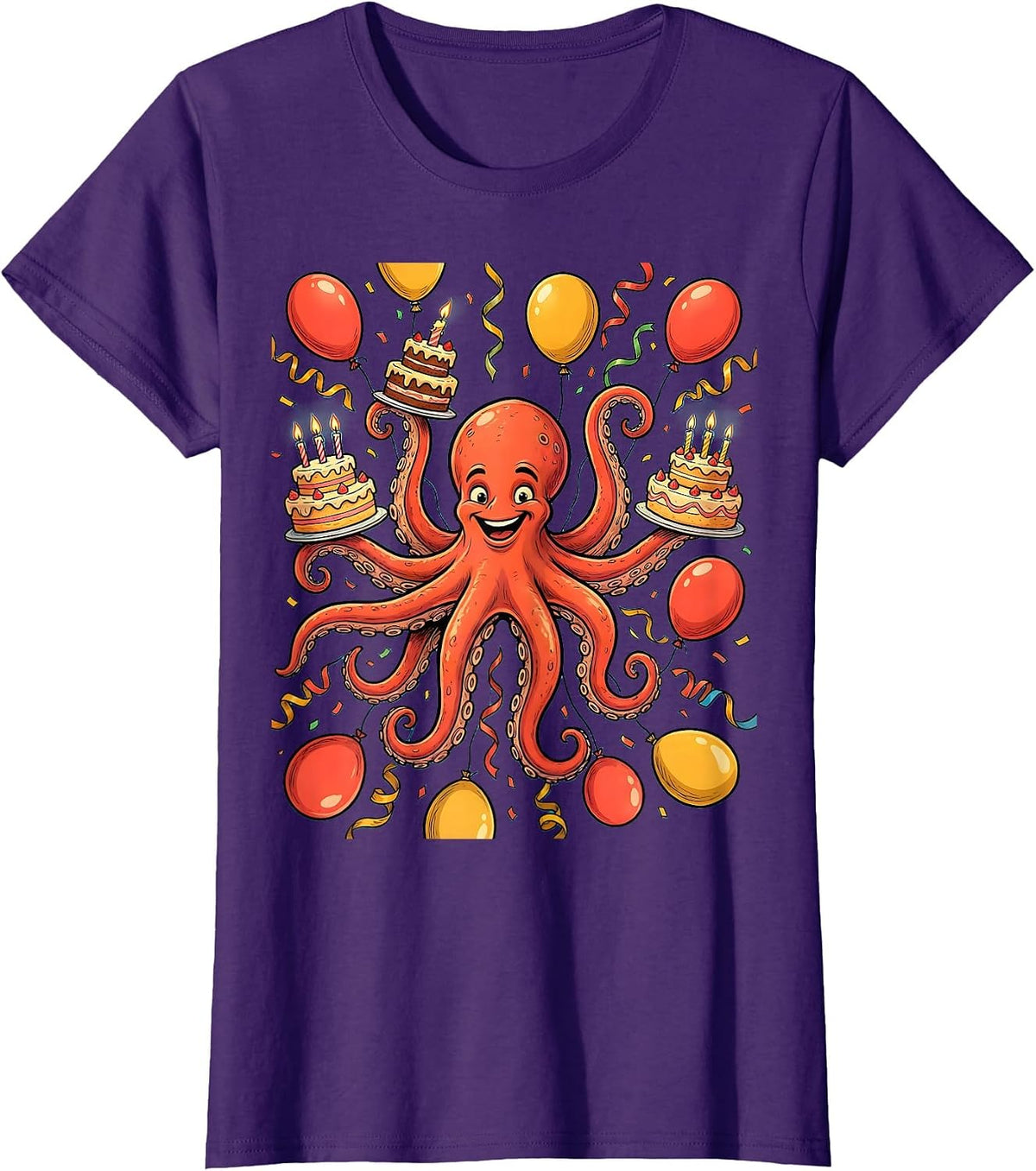 Women's Octopus Birthday Party Balloon Celebration Graphic T-Shirt - Purple