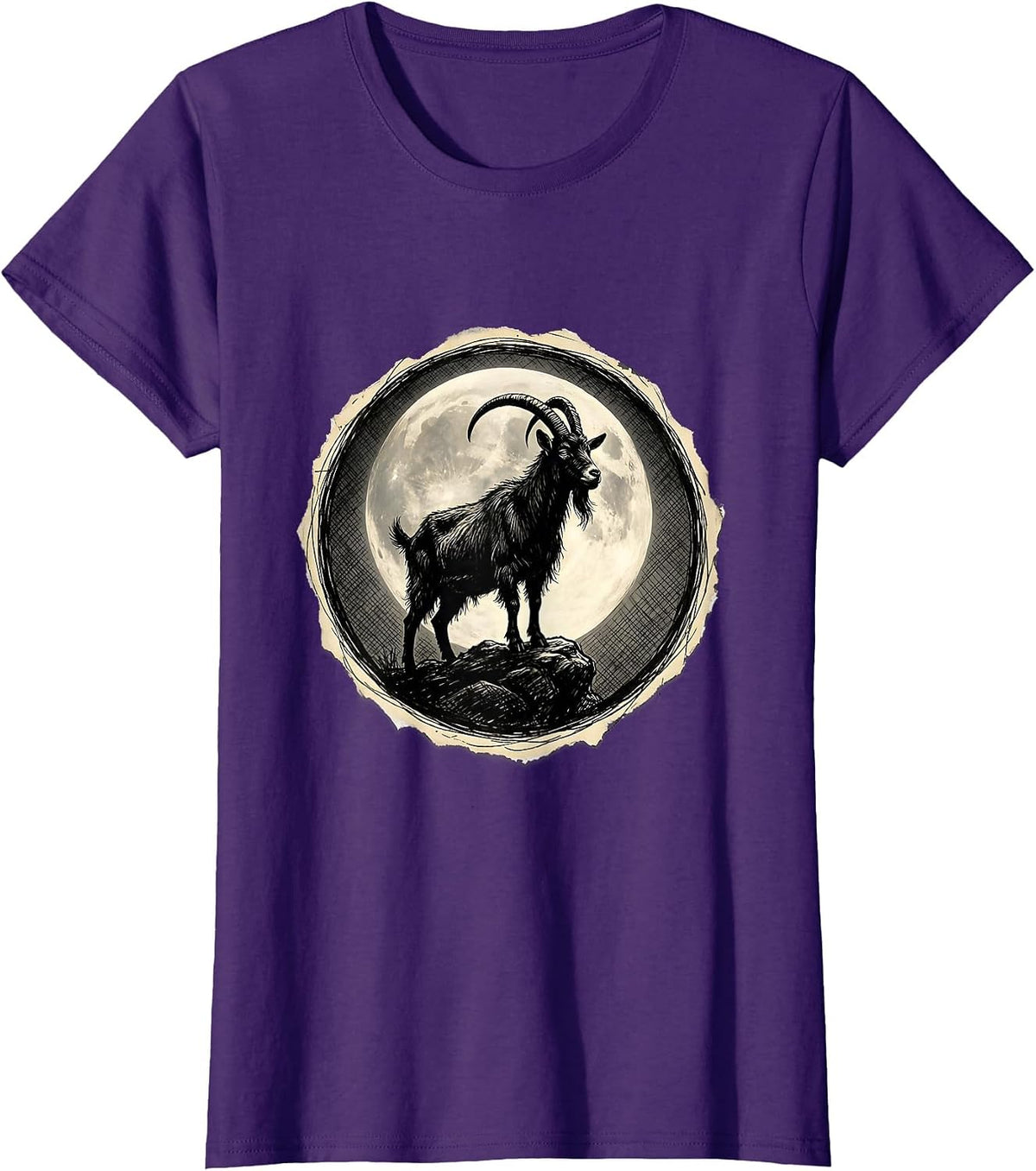 Women's Goat Silhouette Full Moon Night Sky Design T-Shirt - Purple