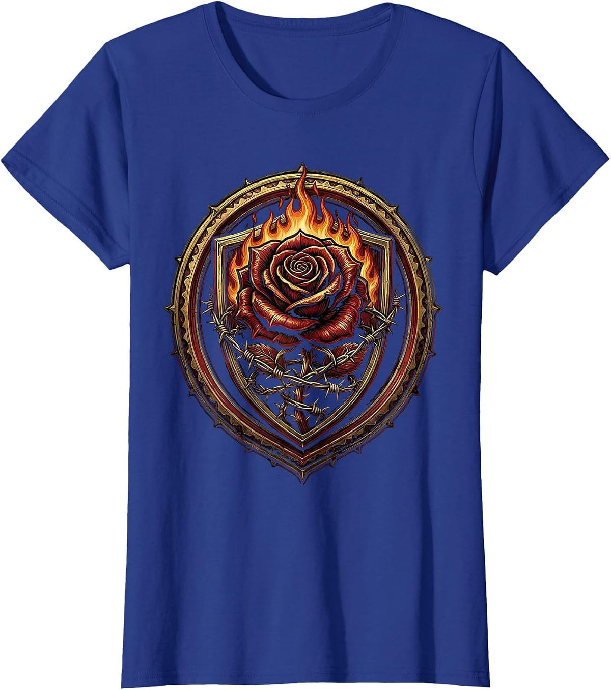 Women's Burning Rose Barbed Wire Metal Band Graphic T-Shirt - Royal Blue