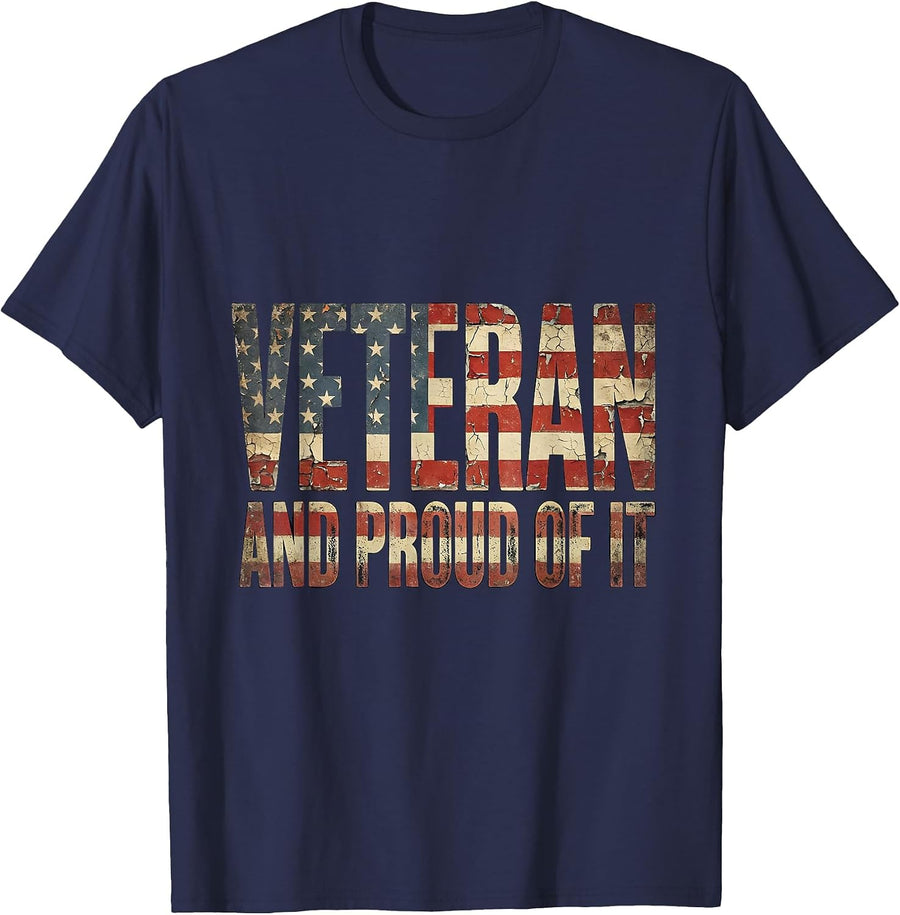 Veteran and Proud of It Patriotic Design T-Shirt - Navy Blue