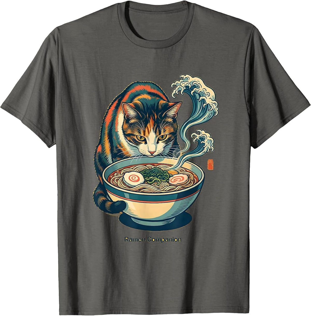 Ramen Companion Kawaii Cat Anime Funny Japanese Food Lover T-Shirt - Asphalt Grey