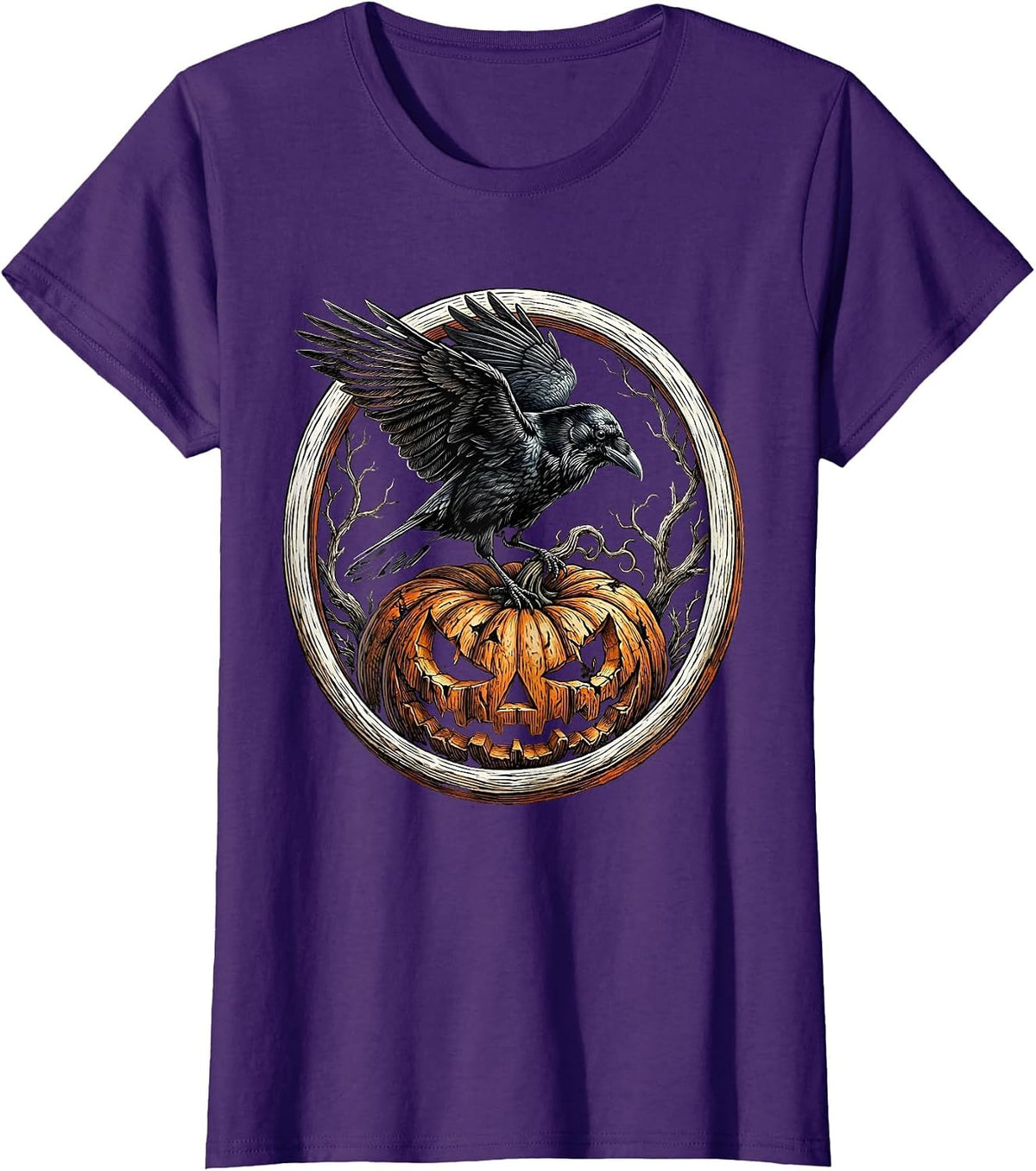 Women's Crow Perched on Rotting Pumpkin Halloween Design T-Shirt - Purple