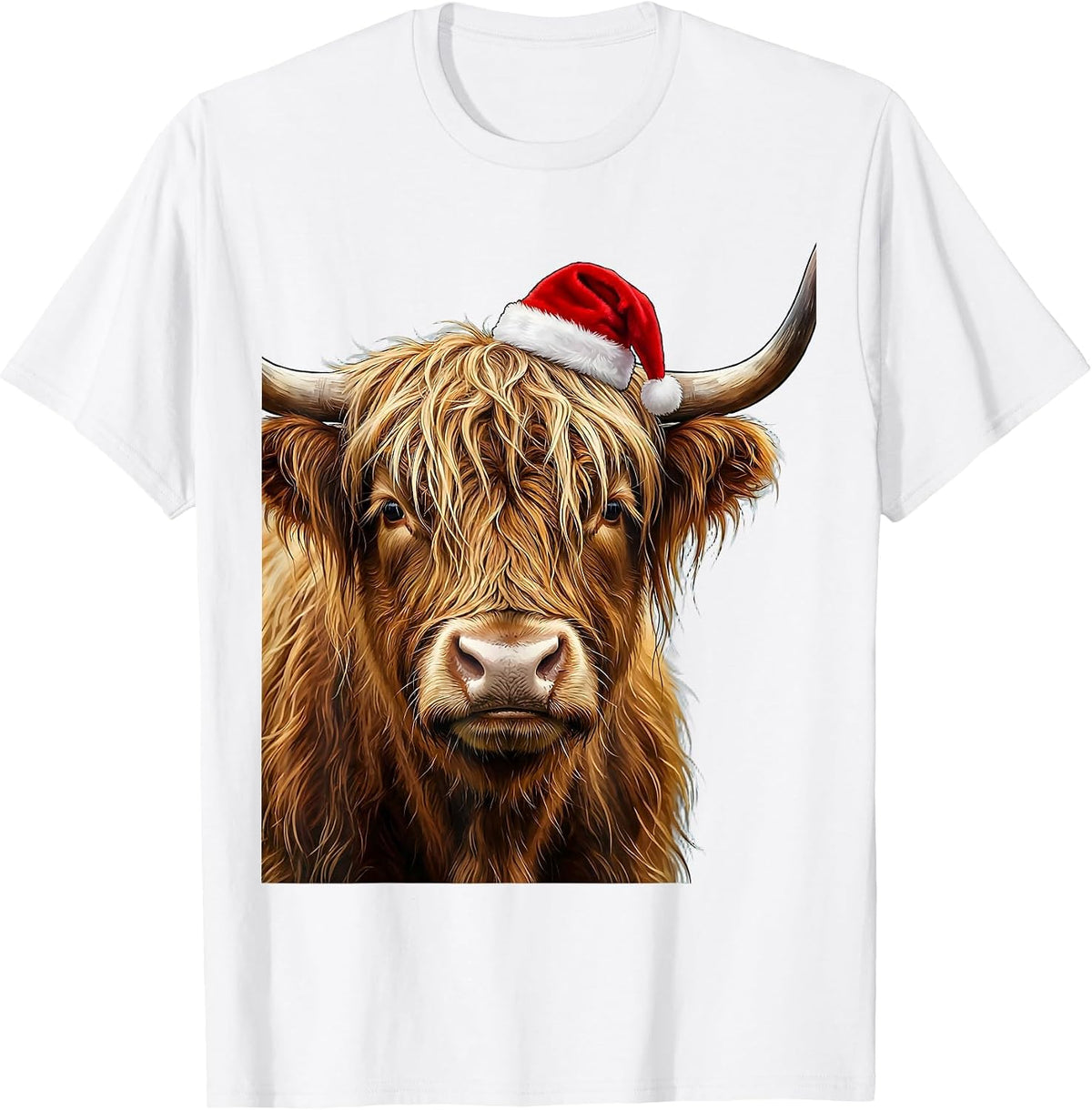 Men's Shaggy Highland Cow Santa Hat Whimsical Festive Humor T-Shirt - White