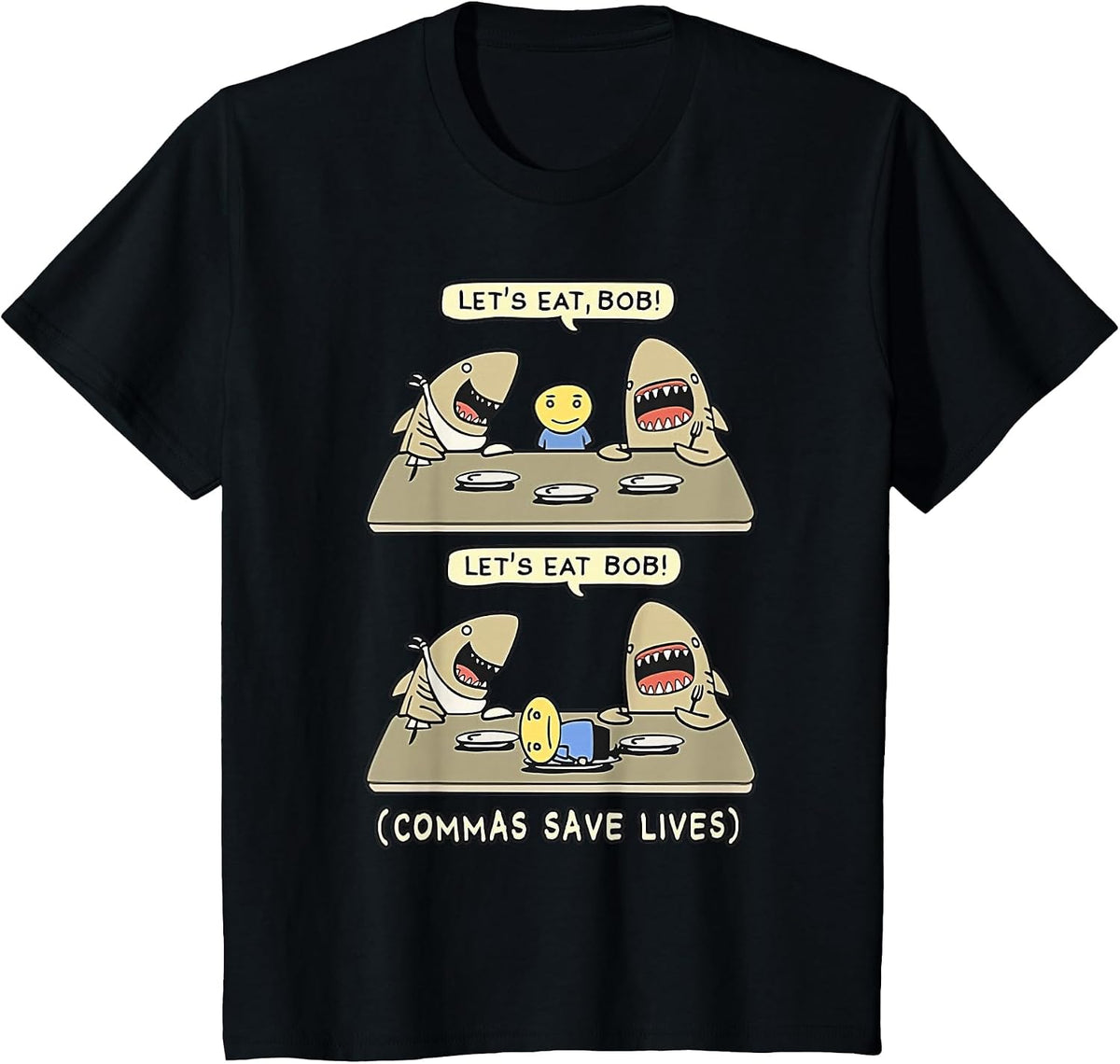 Commas Punctuation Shark Lets Eat Funny English Grammar T-Shirt - Black