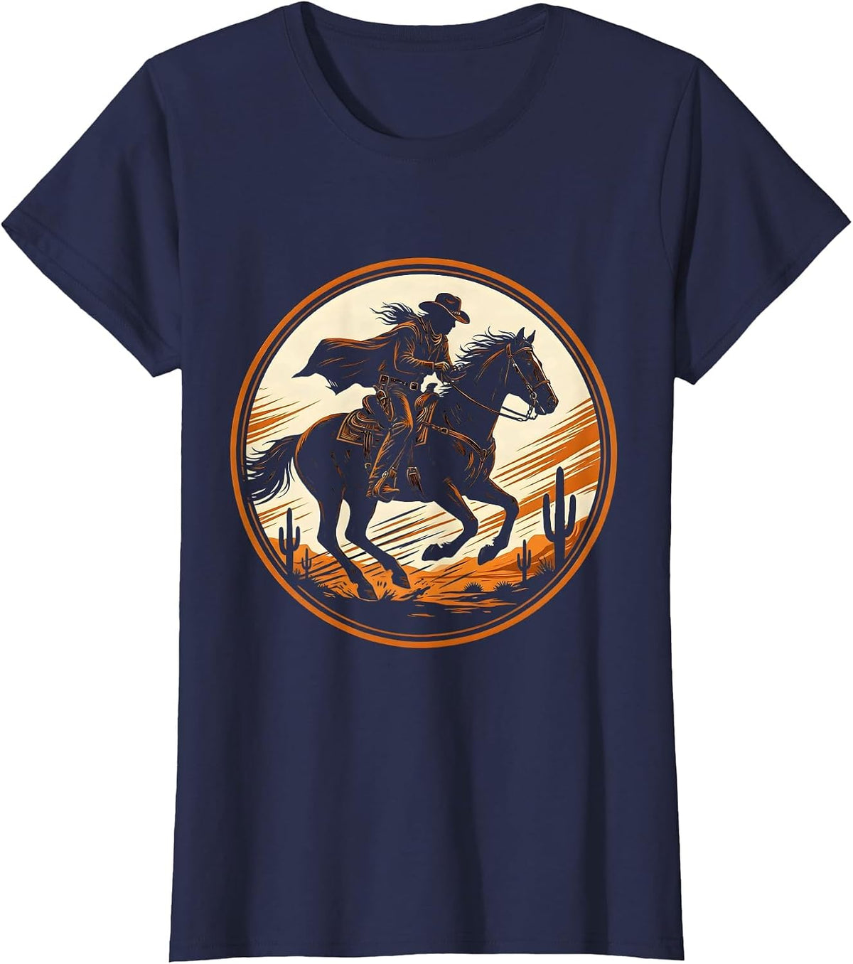 Women's Cowboy Riding Hard Through Desert Storm T-Shirt - Navy Blue