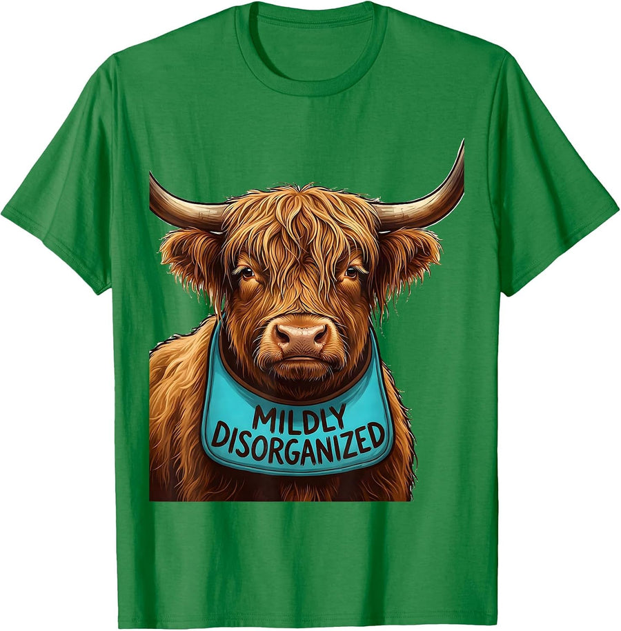 Men's Mildly Disorganized Whimsical Highland Cow Boho Humor T-Shirt - Kelly Green
