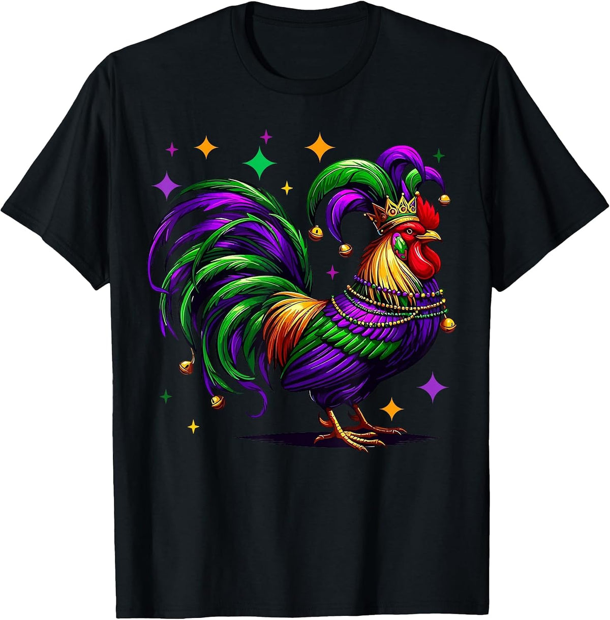 Rooster Wearing Jester Hat Mardi Gras Fun T-Shirt - Black