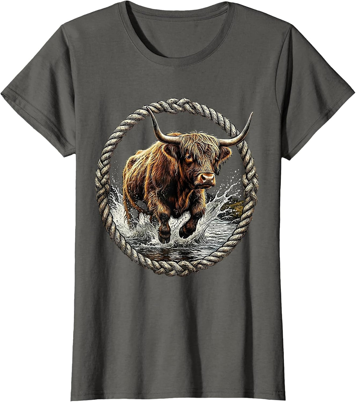 Women's Highland Cow Charging Through River Crossing T-Shirt - Asphalt Grey
