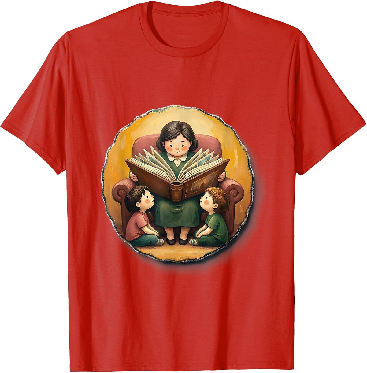 Men's Preschool Teacher Reading Circle Time Illustration T-Shirt - Red
