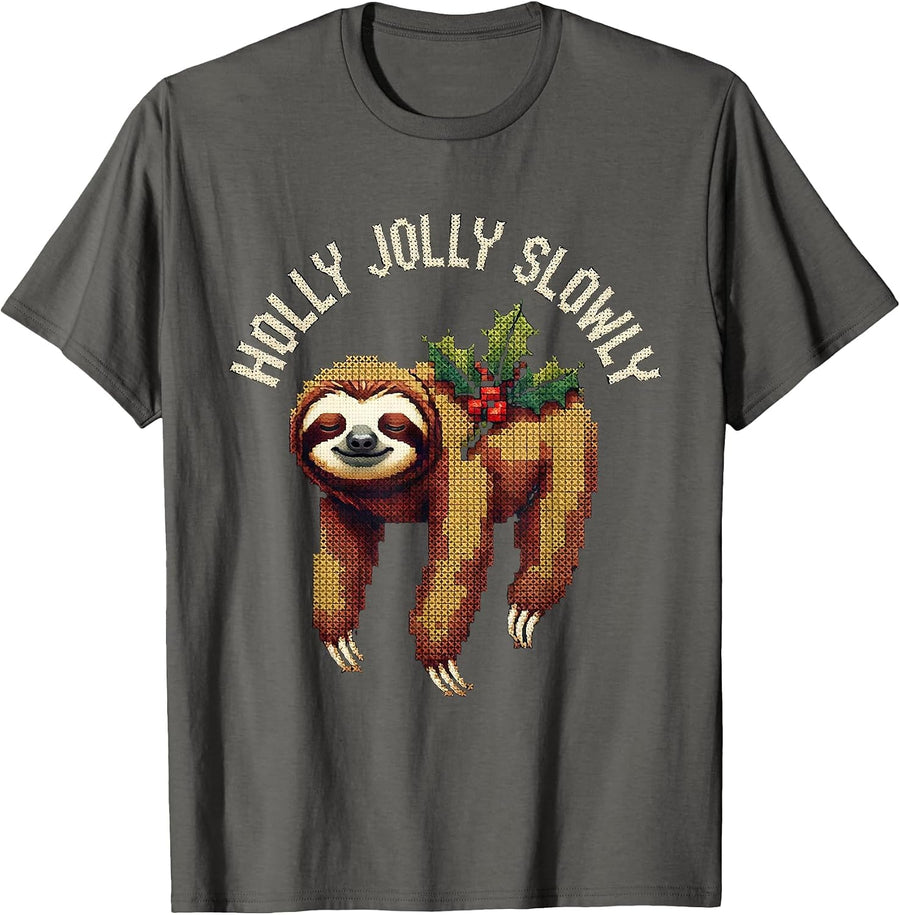 Holly Jolly Slowly Cross Stitch Sampler Sloth Lover T-Shirt - Asphalt Grey