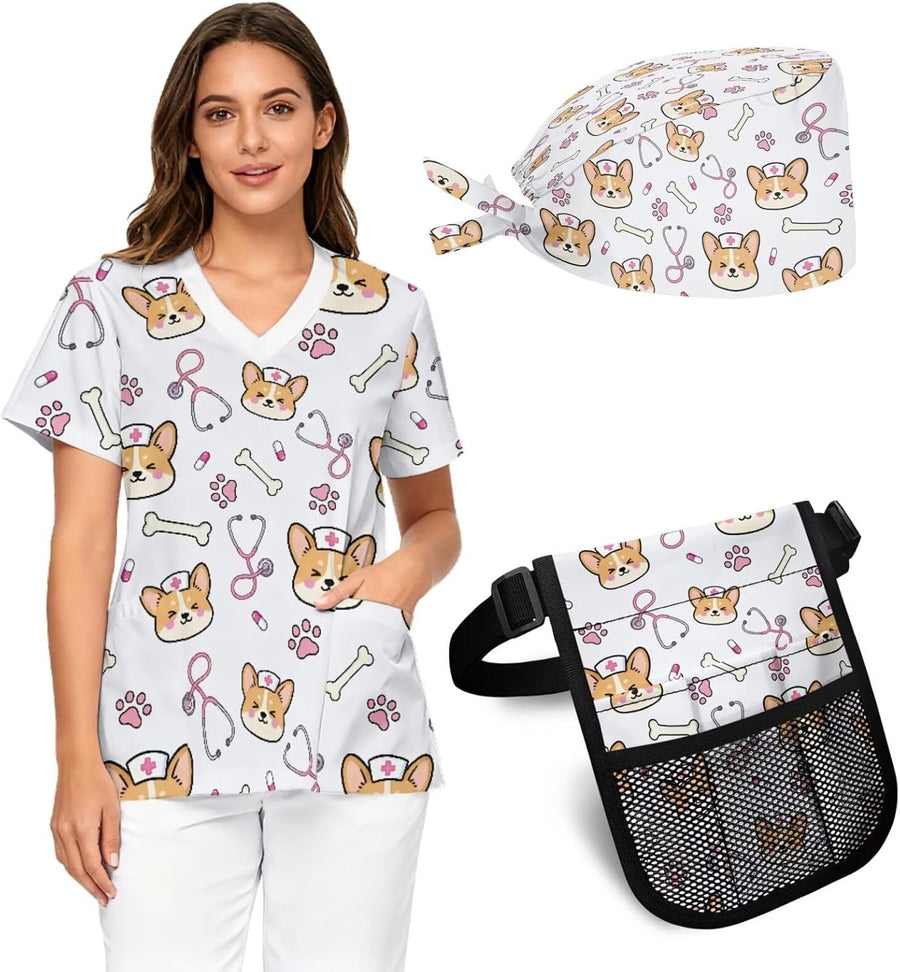 3-Piece Women's Scrubs Set Print with Scrub V-Neck Top & Waist Fanny Pack & Working Cap Medical Uniform with Pockets - Dog