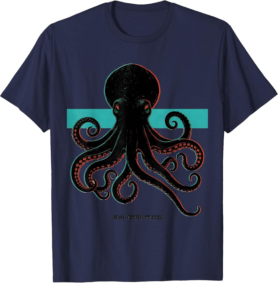 Eight-Armed Marvel Screenprint Poster Octopus Lover Ocean T-Shirt - Navy Blue