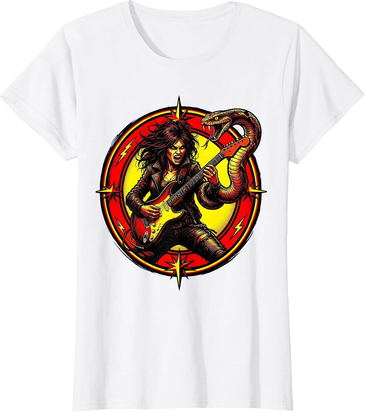 Women's Rock Goddess Snake and Electric Guitar Art T-Shirt - White
