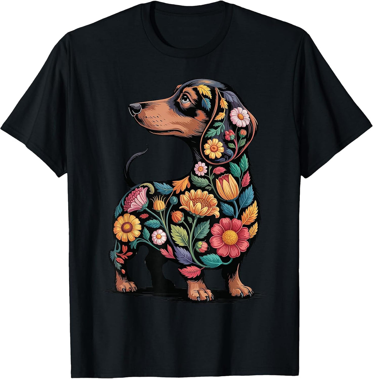 Dachshund Floral Weiner Dog Flowers T-Shirt - Black