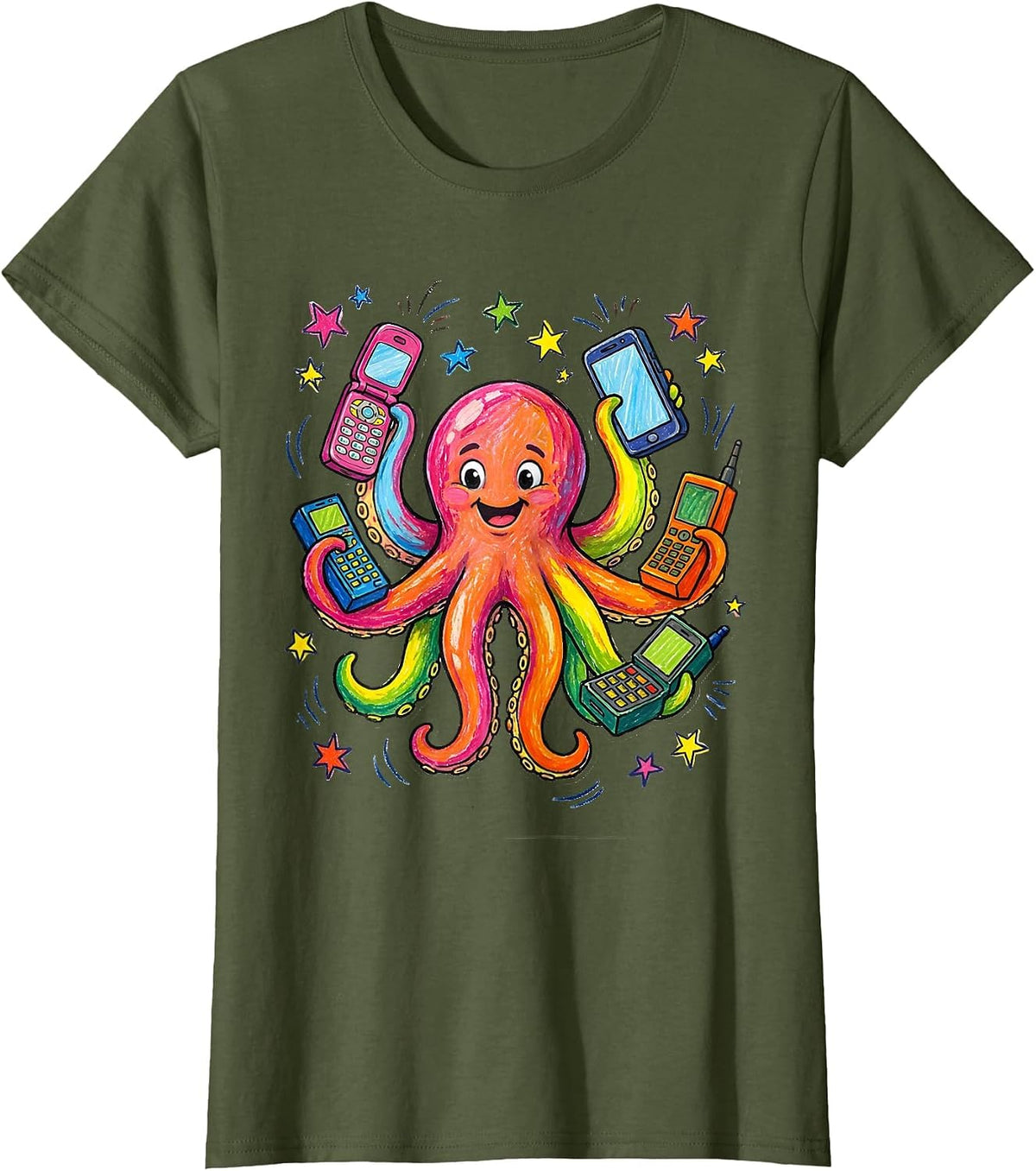 Women's Octopus Multitasking With Eight Phones Funny Art T-Shirt - Olive Green