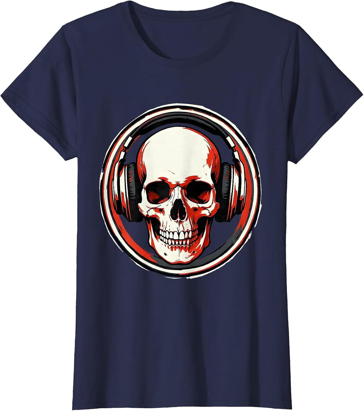 Women's Skull With Headphones Rock Music Graphic T-Shirt - Navy Blue