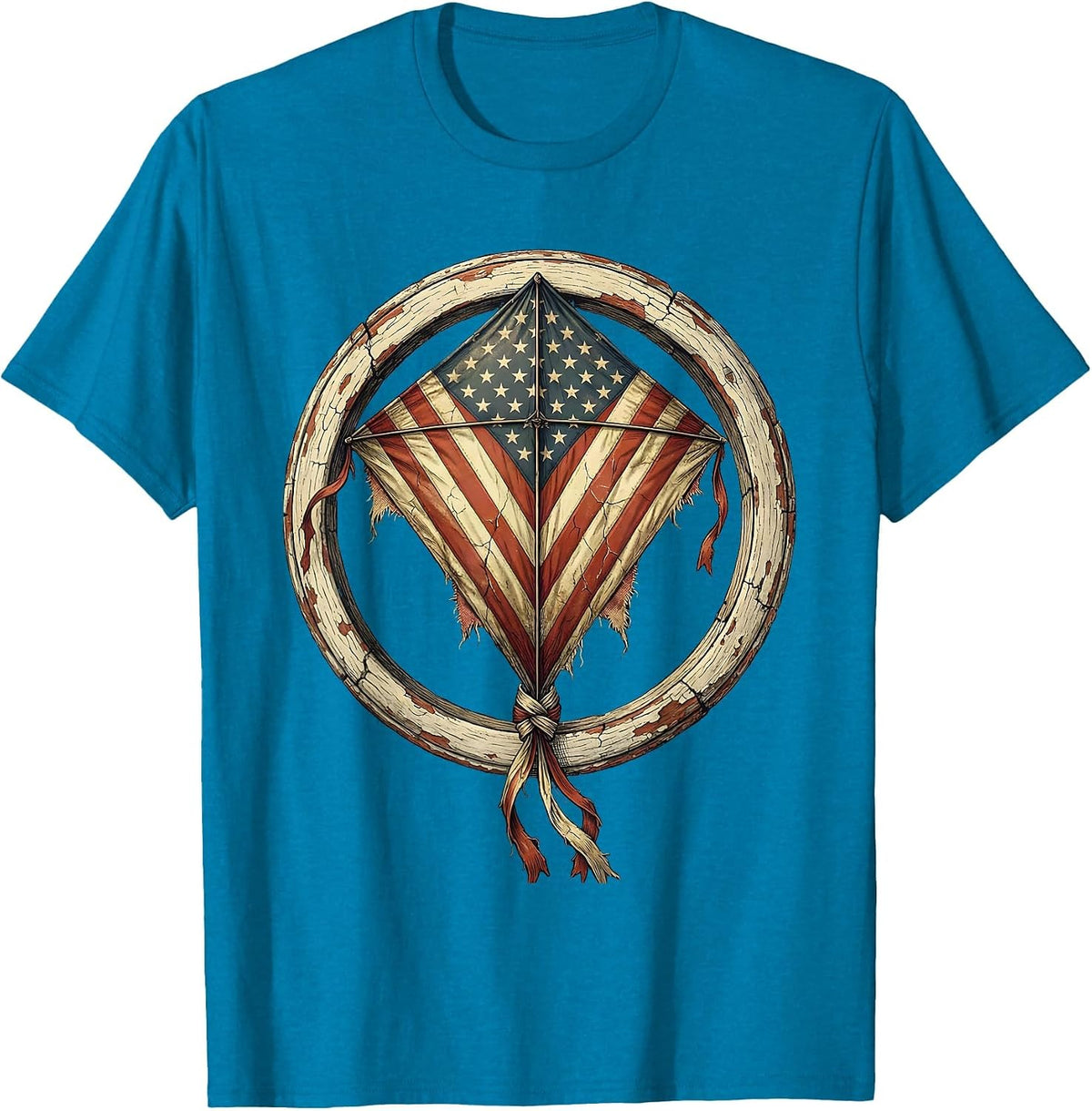 American Flag Kite Soaring Over Open Field T-Shirt - Sapphire Blue