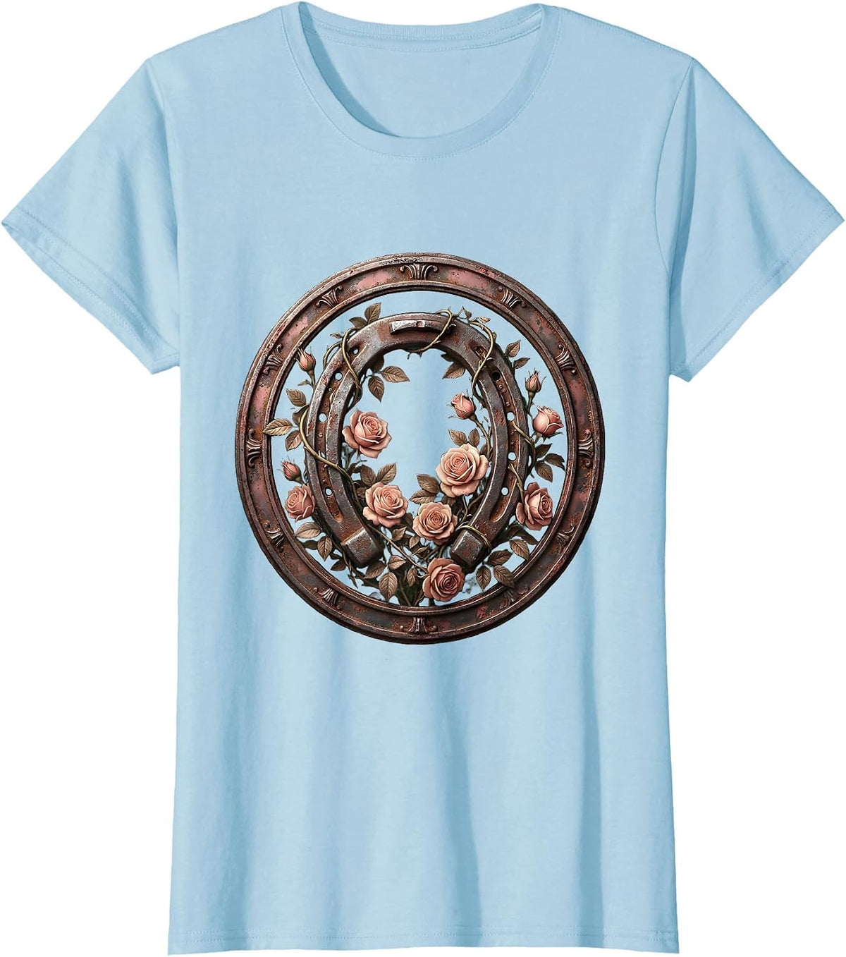 Floral Derby Horseshoe Climbing Roses Illustration T-Shirt - Baby Blue
