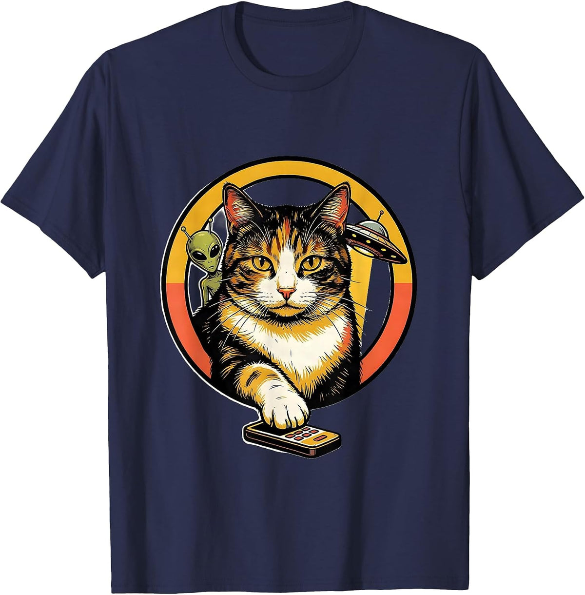 Cat Selfie With Alien UFO Funny Cat Lover Gift T-Shirt - Navy Blue