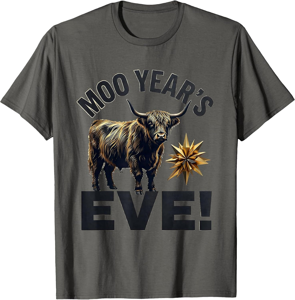 Men's Moo Year's Eve! Funny Highland Cow Seasonal Holiday Humor T-Shirt - Asphalt Grey